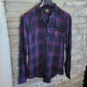 Harley Davidson Plaid Metallic Button Up Shirt Womens Medium Roses Navy Blue